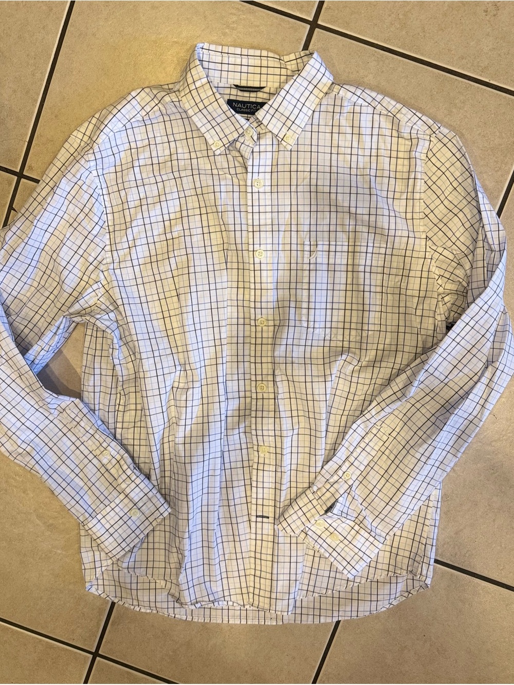 Nautica Men’s White Plaid Button-Down Shirt with Navy and Tan Grid